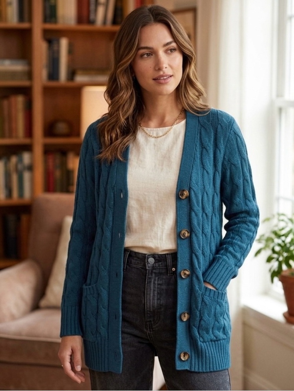 Zesica Dark Teal Cable Knit Oversized Button Up Cardigan Office Casual Cozy